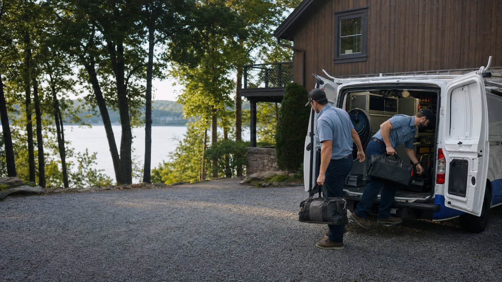 Representative home-service team arriving at a wooded Arkansas property