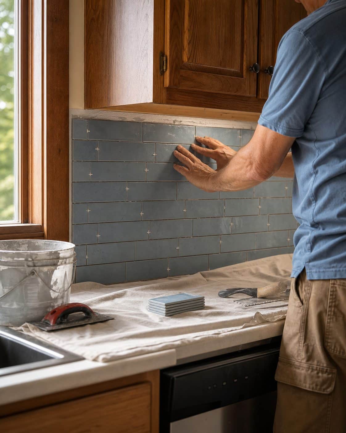 Craftsperson installing a blue-gray tile backsplash during a kitchen refresh