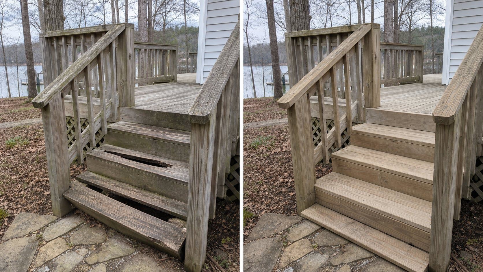 Before-and-after example of a repaired lake-home deck stair and railing
