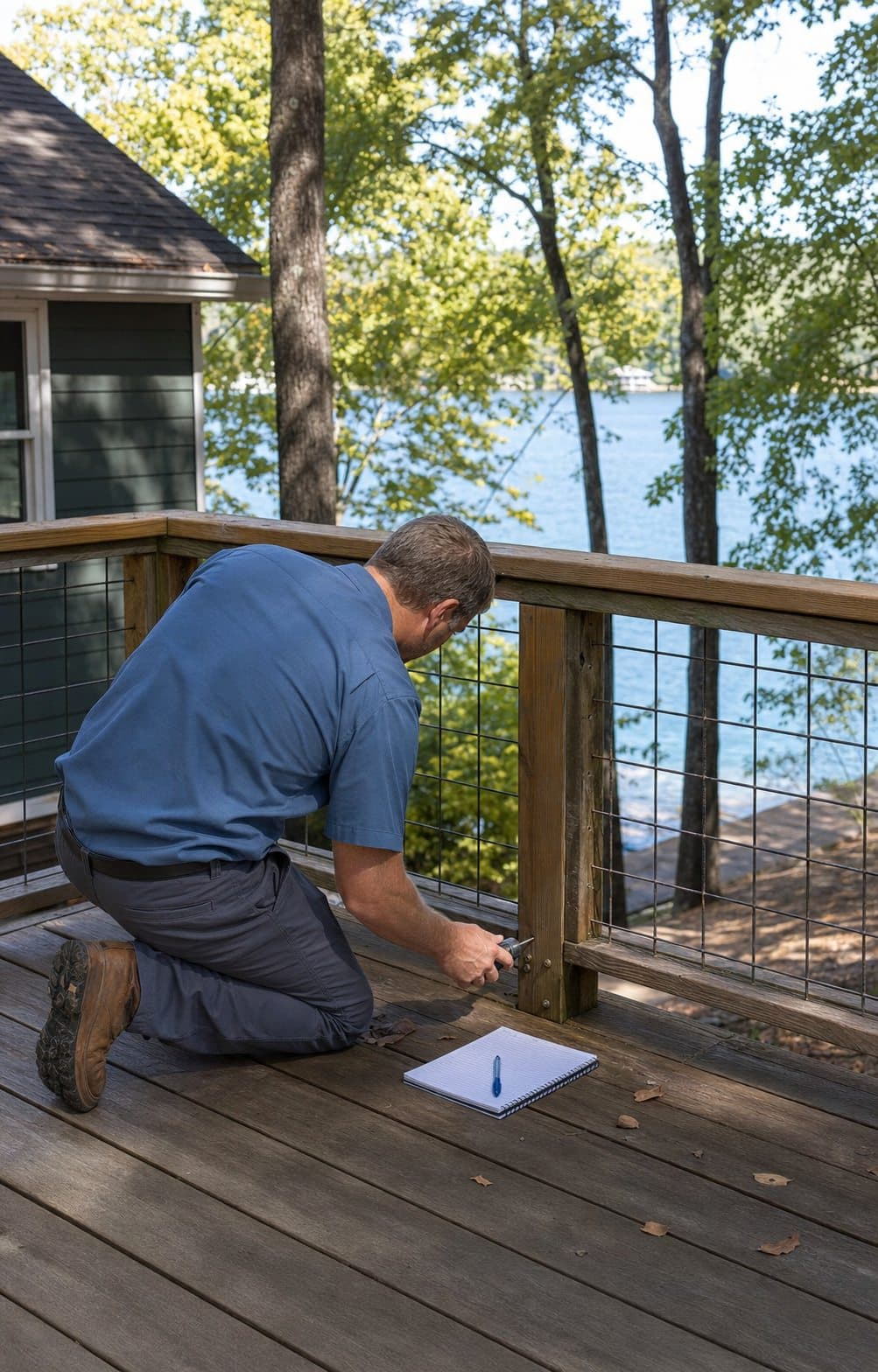 Property-care professional inspecting a lake-home deck railing