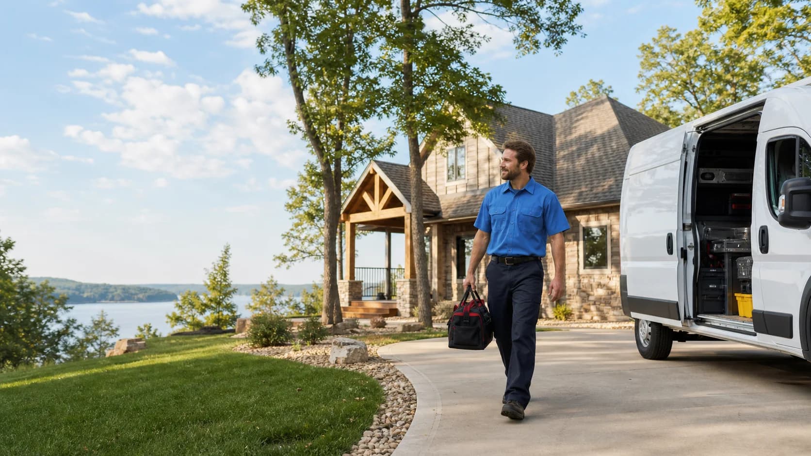Representative home-service professional arriving at an Ozarks lake property