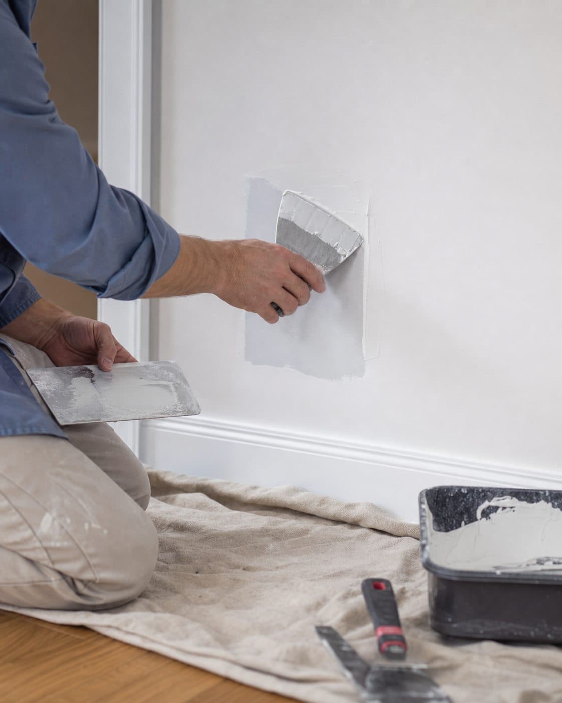 Craftsperson completing a careful drywall repair