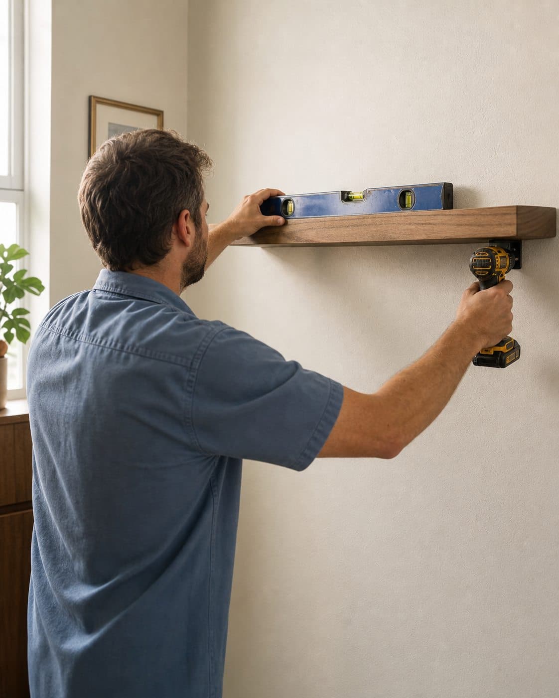 Home-service professional installing and leveling a wall shelf
